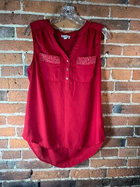 Guess Red Studded Pocket Sleeveless Blouse Hi-Low Hem Medium